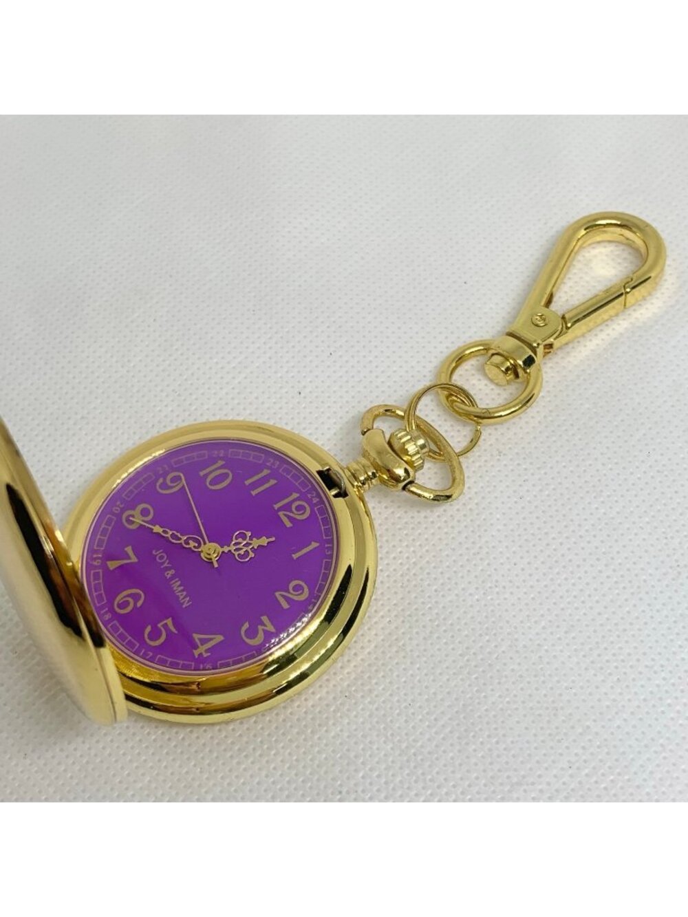 Pocket Watch Quartz Clip On Purse Fob Gold Tone joy & iman purple dial running